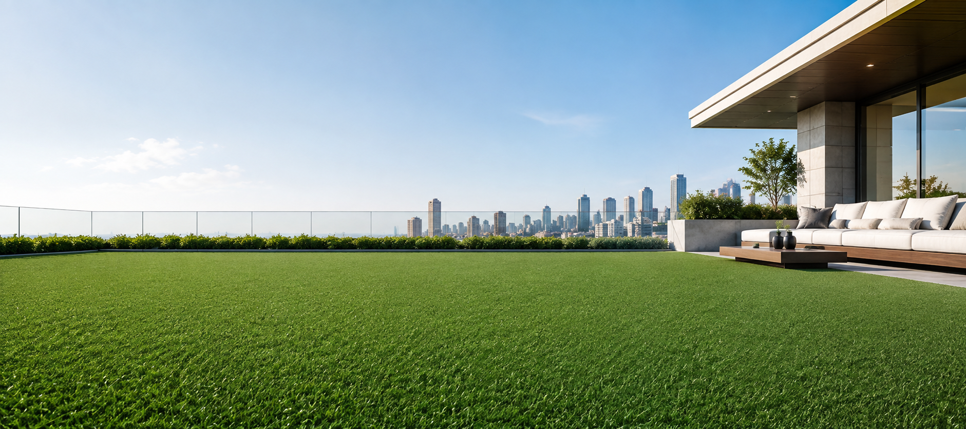 Artificial grass application in a modern outdoor commercial setting