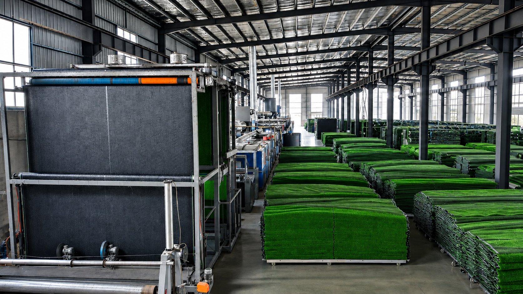 JZS artificial grass production equipment and finished turf inside the manufacturing facility